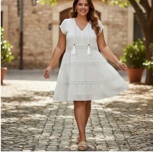 Kate & Sam White Tiered V-Neck Tassel Short Sleeve Dress SIZE XXLARGE